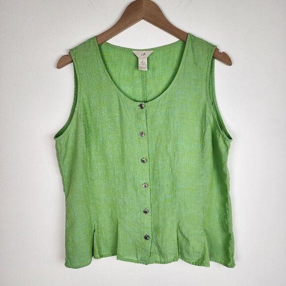 J.Jill Linen Top Blouse Lime Green Sleeveless Button-Up Shirt Pleated Size L - Picture 11 of 12